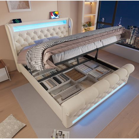 Cama Baúl 140x200 Cm Estructura Elevable Cabecero LED Beige (1/5)