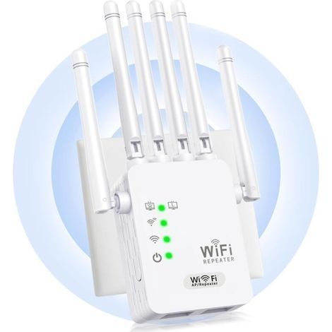 Répéteur WiFi,Amplificateur WiFi,repeteur WiFi Puissant avec 6 Antennes Puissantes,2 Ports LAN,Mode Répéteur & Routeur & AP,repeteur WiFi Exterieur Couverture WiFi de 300 m²,Facile à Installer (1/5)