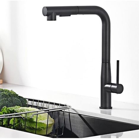 Robinet Cuisine Noir, Robinet Cuisine Extensible, Mitigeur d'Évier Haute Pression avec Douchette à Deux Types de Jets d'Eau, Robinet Cuisine Rotatif à 360°, Mitigeur Cuisine Noir