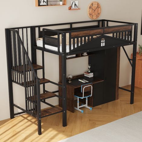 Metall-Hochbett 90x200 cm mit Stauraum-Treppe und Fenster-Sicherheitsumrandung, viel Platz unter dem Bett, stabiles Metallgestell, Schwarz (1/5)