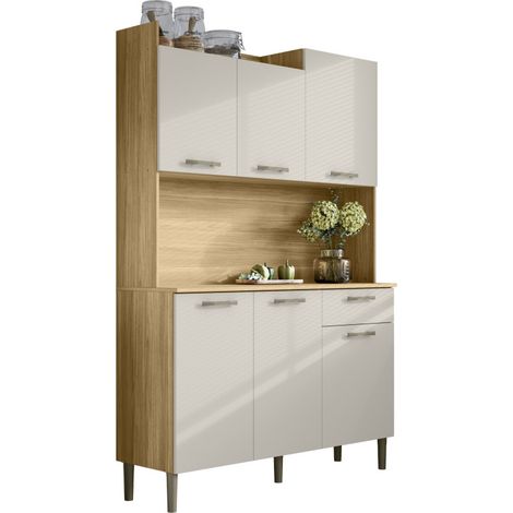 Buffet de Cuisine 6 Portes 1 Tiroir 8 Niches Chêne et Beige L 121.5 H 176 P 36.3 cm (1/5)