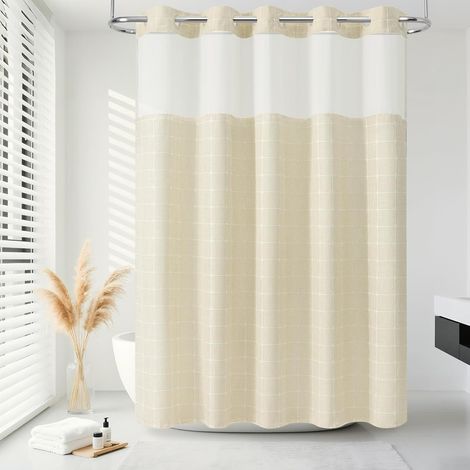 Rideau de douche sans crochet, rideaux de douche épais et résistants en polyester à carreaux avec fenêtre supérieure en maille, style bohème imperméable, pour salle de bain, 190,5 x 182,9 cm (L x l) (1/5)