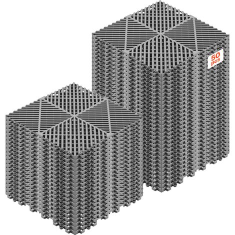 VEVOR Ineinandergreifende Drainagematten Set (50-tlg.) 31 x 31 cm, Garagenbodenfliesen Rutschfeste Klickfliesen aus PP, Modularer Garagenboden für Bad Küche Pool Außenbereich, Selbstentwässernd, Grau (1/5)