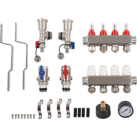 Collecteur de chauffage au sol 4 boucles G1, acier inoxydable 304, kit avec débitmètre visible et réglable (1/5)