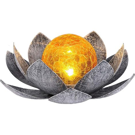 Lampe solaire d'extérieur en forme de lotus, dotée d'une sphère lumineuse en verre craquelé en forme de lotus, adaptée aux décorations de table de jardin LED étanches pour patios, porches, allées et p (1/4)