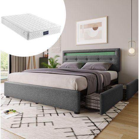 Bett mit Stauraum Leinen Grau 140x200 cm, LED-Kopfteil, 4 Schubladen, inklusive Matratze und Lattenrost (1/5)