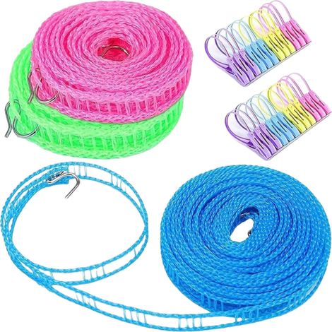 Lot de 3 cordes à linge de 8 m antidérapantes et coupe-vent en nylon corde à linge portable avec 2 crochets en acier inoxydable corde semblable à une clôture pour accrocher des vêtements en plein air (1/5)