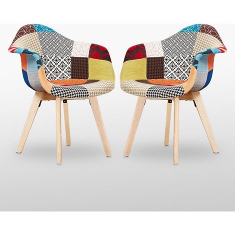 Lot de 2 chaises de salle à manger patchwork avec accoudoirs – Revêtement en tissu durable – Pieds en bois massif – Confort optimal – Life Interiors (1/5)