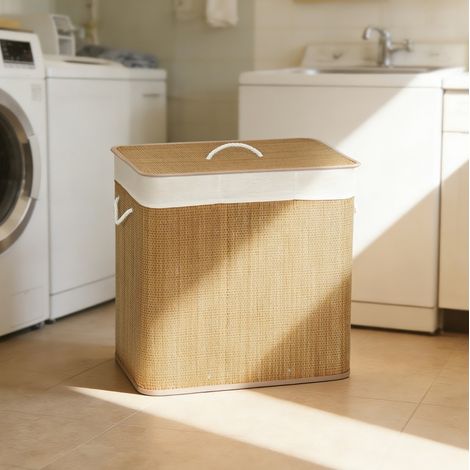 Cesto portabiancheria in bambù 60x40x60 cm marrone 3 scomparti con coperchio – MEUBLIV (1/5)