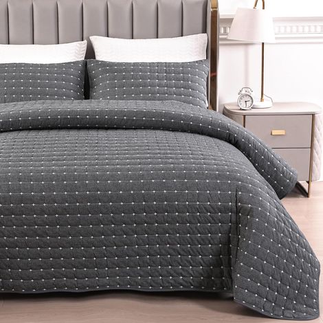 Couvre Lit Matelassé Super Doux et Confortable en Coton Lavé, Couvre Lit avec un Motif Moderne de Point de Croix (Noir, 220x240cm) (1/5)