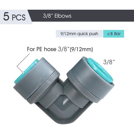 (5 coudes) Raccords de tuyauterie PE 3/8'' Raccords de tuyau d'eau PE Adaptateur de raccord de tuyau de robinet Té égal réduit Coude droit Piquets de vanne (1/5)