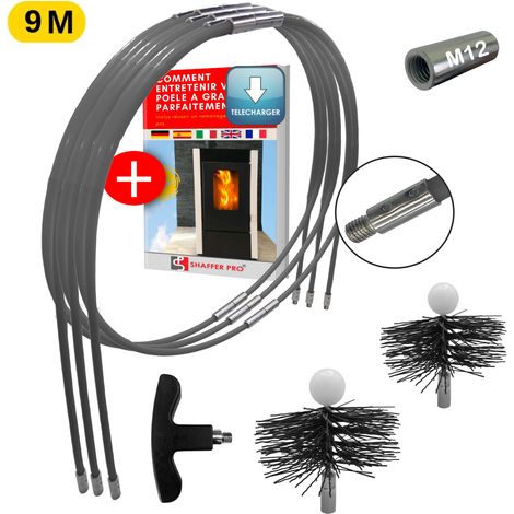 kit de ramonage poêle pellet 9mètres- hérisson 80 et 100 mm EASYFLEX- 16 cannes flexible -SHAFFER PRO (1/5)