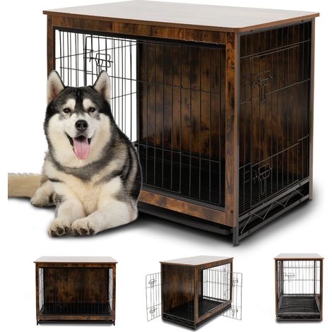 MaxxPet Caja Para Perros de Madera, Caja Para Perros Para el Hogar, Casa Para Perros de Interior, Con 2 Puertas, Casa Para Perros, Salón, 98x65x68cm, Marrón
