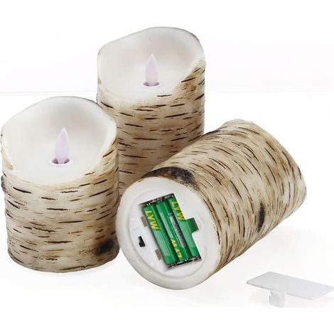 Bougies vacillantes, bougies en écorce de bouleau, lot de 3 (H : 10 x 12 x 15 cm x D : 8 cm), bougies piliers en cire véritable, à piles, avec télécommande. (1/5)