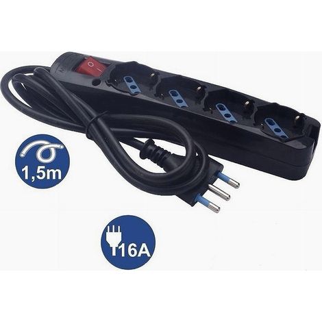 TrAdE Shop Traesio - Multipresa 4 Uscite Universali Schuko Spina 16a Cavo 1.5mt Nero Interrutore 80097n - (1/3)