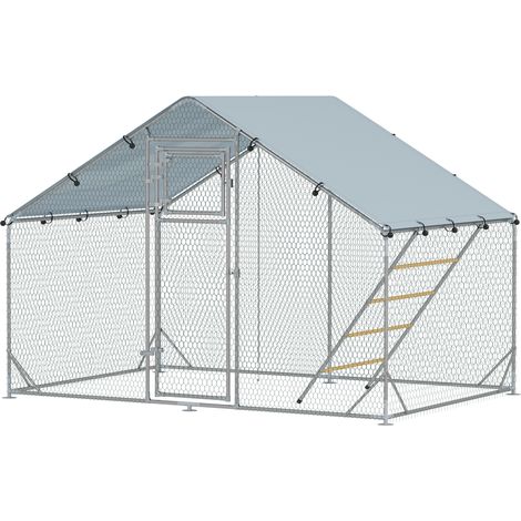 Enclos poulailler extérieur parc grillagé 6 m² avec perchoir et mangeoire acier galvanisé Ø25mm 300x200x195cm argent