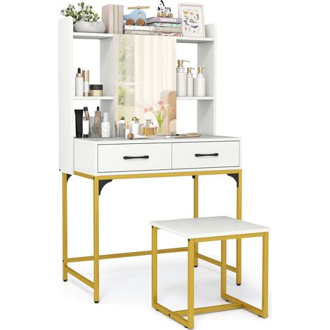 COSTWAY Vanity Desk Wide Makeup Dressing Table with Power Outlets-White (1/5)