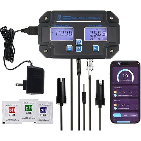 Testeur de pH 6 en 1 – Mesure pH/EC/TDS/Sel/SG/Température – Wi-Fi sans fil pour surveillance mobile – Étalonnage 3 points pour aquariums et hydroponie