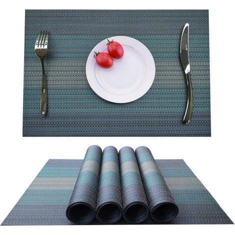 Set mit 4 PVC-Tischsets, rutschfest und abwaschbar, hitze- und fleckenbeständig, Kunstfasern, grau/blau, 4 (1/4)