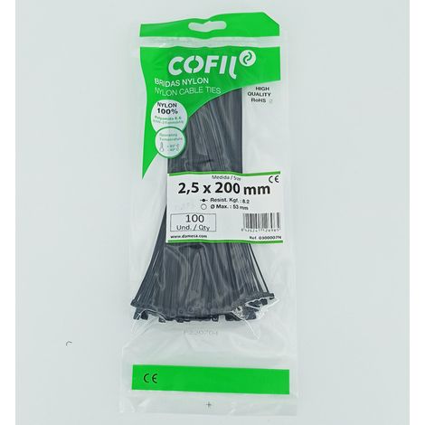 Lem Select – Collier de serrage nylon 2.5mm x 200mm noir – Ø max 53mm – Résistance 8.1kg – Pack de 100 unités