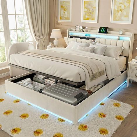 Canapé abatibel 160x200 cm, cama 160x200 cm, con iluminación LED orientabel, carga USB, cabecero abatibel con almacenamiento, terciopelo, almacenamiento hidráulico, somier de láminas - Beige