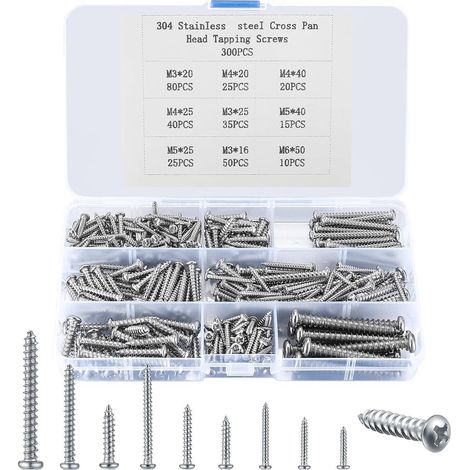 Assortiment 300 vis autotaraudeuses tête plate inox M3-M6 boîte rangement (1/5)