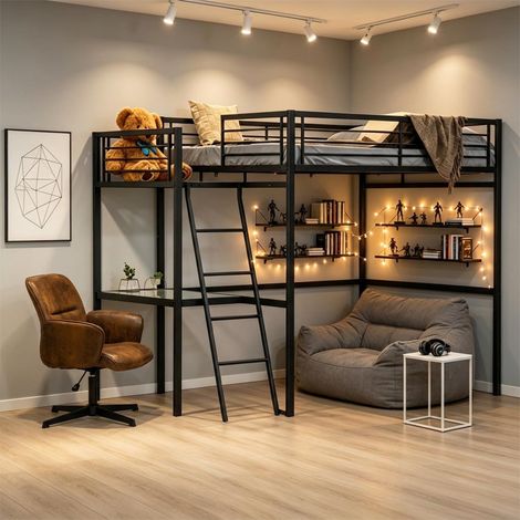 Meuble Cosy Lit Mezzanine 2 Places avec Fauteuil Réglable et Bureau en Verre Trempé, Gain de Place pour Chambre Étudiant Adolescent Adulte, Cadre Métallique, Noir + Marron (1/5)
