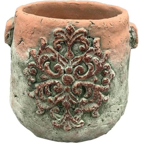 Maceta de hormigón con adorno, decoración rústica para jardín. (1/2)