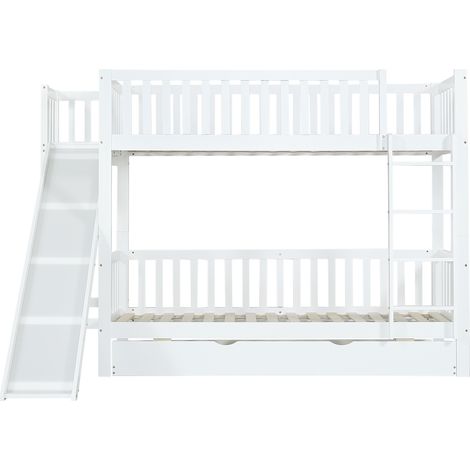 Litera infantil con cama nido, tobogán y escalera de 4 peldaños, madera MDF, blanco (1/5)