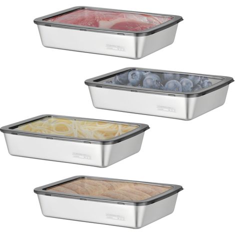Boite Inox, Plat Inox Avec Couvercle, 4 PCS Boite Alimentaire 2200 ml Conservation en Acier Inoxydable, Réutilisables Pour Fromages, Fruits, Salades, Bonbons et Confitures (1/5)