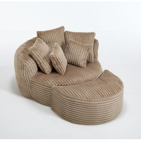 Butaca redonda sin patas de chenilla beige y marrón con 5 cojines, 168 x 123 x 63 cm (1/5)