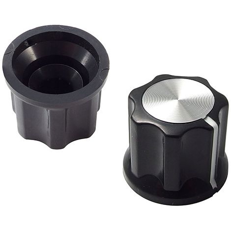 Perilla de potenciómetro negra con tapa plateada (1/2)