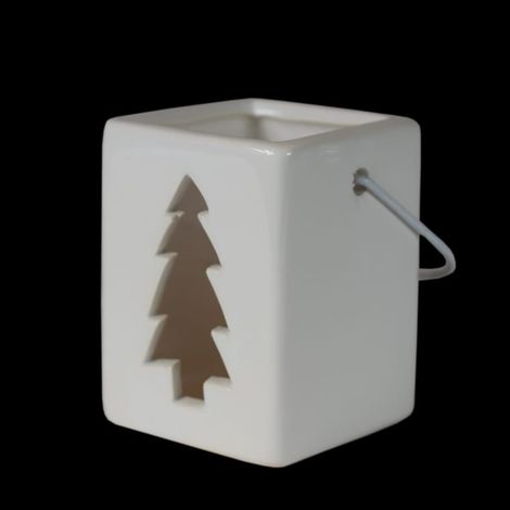 Lanterna portacandele in ceramica bianca con motivo albero di Natale - 7,2x5,5x5,5 cm