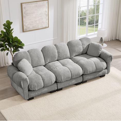Divano modulare 3 posti 260x86x90 cm, cuscini trapuntati, cuscino piccolo mobile, chenille grigio chiaro (1/5)