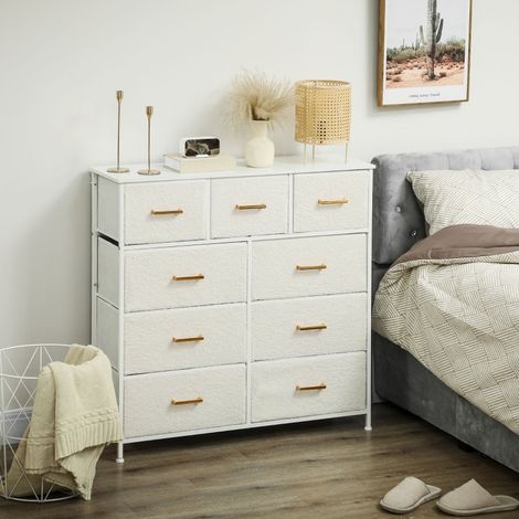 Commode/buffet à 9 tiroirs en tissu, meuble à tiroirs avec plan de travail, poignée, meuble de rangement pour salon ou chambre, blanc crème (1/5)