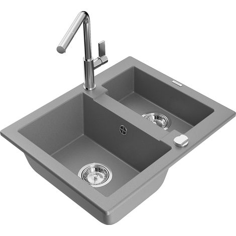 Mexen Carlos lavello in granito 1,5 vasche con rubinetto da cucina Flora, grigio - 6518-71-670401-00 (1/5)