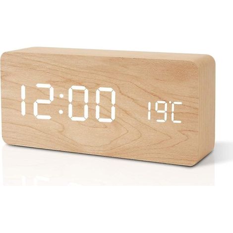 Horloge de table en bois - Réveil numérique LED - Horloge sur pied avec date, température et port USB (1/5)