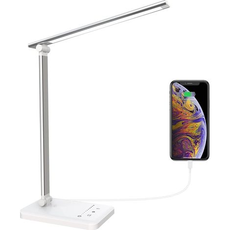 Lampe de bureau LED à intensité variable 5 couleurs et 5 niveaux de luminosité Lampe de chevet USB pour charger le smartphone Lumière de lecture pour lecteurs, enfants, argent (1/5)