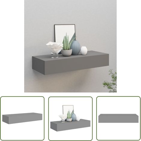 The Living Store Wandregal mit Schublade Grau 60x23,5x10 cm MDF - Wandregal - Regal Mit Schublade - Nachttisch - Wohnzimmerdeko - Schlafzimmereinrichtung (1/5)