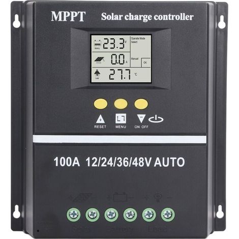 100 A MPPT solar charging controller, USB ports, backlit LCD screen, solar panel regulator of 12 V, 24 V, 36 V and 48 V, maximum input of 100 V DC, for lead/acid batteries.
