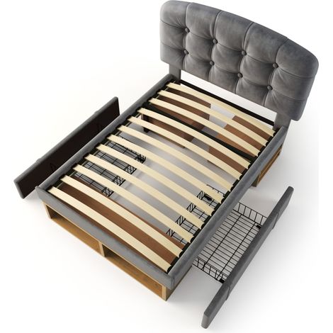 Cama individual 90x200 de terciopelo gris con somier y cajones HOMVRA (1/5)