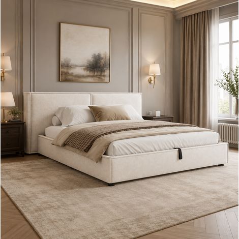 Polsterbett 180x200 cm mit hydraulischem Bettkasten, gepolstertem Kopfteil, beige Chenille OKMYHOME (1/5)
