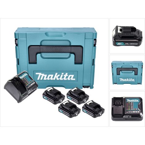 Kit de alimentación Makita 4x BL 1021 B batería 12 V máx. 2,0 Ah CXT (4x 197396-9) + cargador DC 10 SB (197363-4) + Makpac