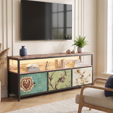 Meuble TV 137 cm avec 3 tiroirs en tissu et LED, Meuble de rangement industriel en métal, Marron rustique et multicolore (1/5)