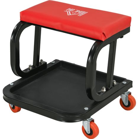 Sgabello da Officina Imbottito con Ruote e Vassoio Porta Attrezzi Acciaio PU 38x35x37cm Rosso