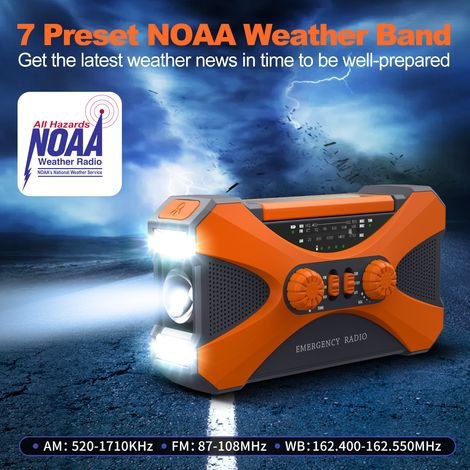 Radio de emergencia de 10000 mAh - Linterna solar con manivela y cargador USB, batería externa para supervivencia