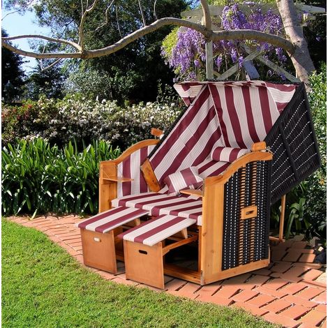 Strandkorb 2 places en bois avec dossier inclinable sur 5 niveaux et tablettes, rouge/blanc (1/5)