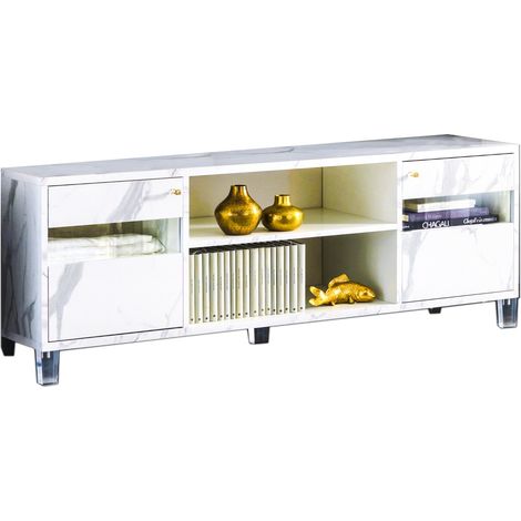 Meuble TV bois blanc effet marbre vernis Botela 120cm (1/3)