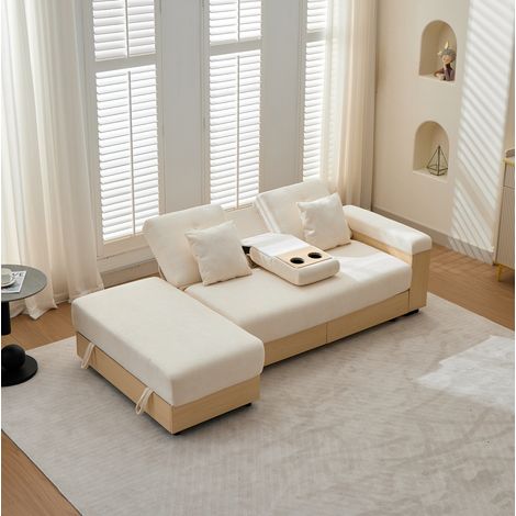 Sofá cama con almacenaje, respaldo 3 posiciones, 217 x 110 x 90 cm, chenilla beige DESVIAE (1/5)