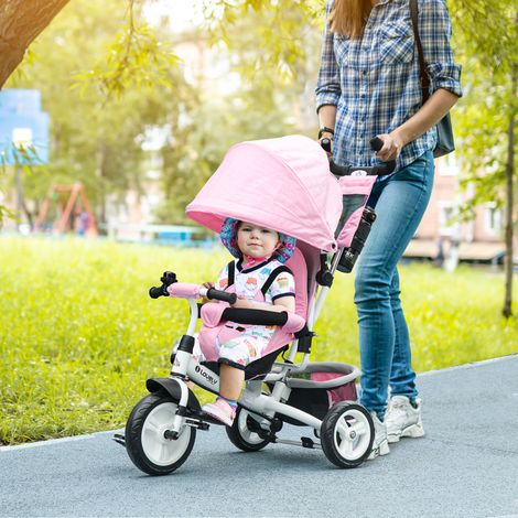 Vélo Trike Push Bike 4 en 1 enfant avec poignée - pour 1 à 5 ans de sécurité à 5 points - rangement - repose-pieds - frein - auvent - rose (1/4)